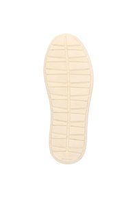 White rubber shoe sole with textured grip pattern and rectangular grooves. Features a logo and size marking at the heel.
