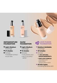 Three KIKO Milano foundations with coverage, shade options, active ingredients, and a new medium-buildable Love Fusion formula.