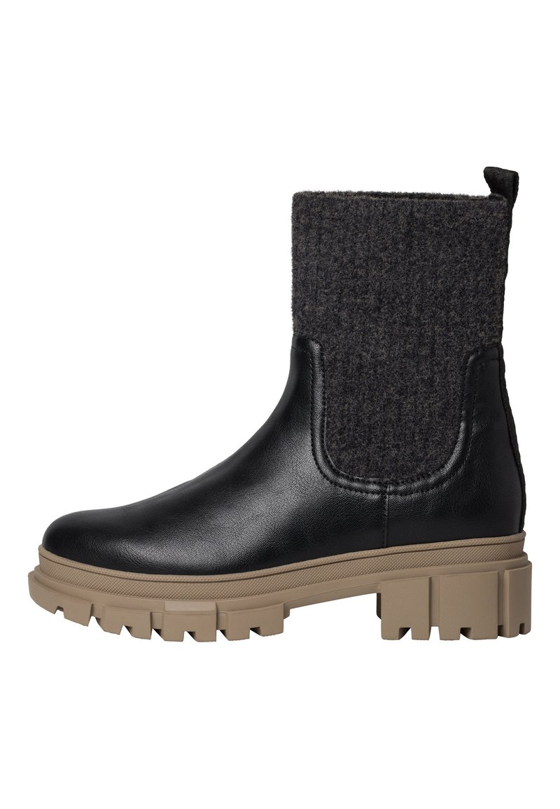 Botte cheville en cuir noir avec partie supérieure en laine grise, dotée d'une épaisse semelle en caoutchouc beige avec un motif de semelle robuste et d'une languette à l'arrière.