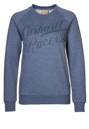 Blå langærmet crewneck-sweatshirt med teksten "Carhartt Racers" trykt på tværs af brystet i en mørkere nuance.