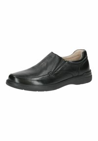 Fekete bőr, slip-on stílusú cipő, textúrázott felsőrésszel, kerek orral és gumitalppal. Finom varrásokkal rendelkezik, és nincs rajta látható fémrész.
