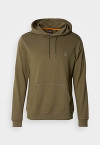 Sweat à capuche olive à enfiler avec poche kangourou à l'avant, capuche avec cordon, manches longues et petit patch logo carré sur la poitrine.