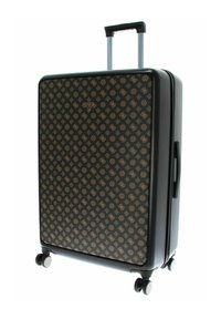 Valise rigide noire avec une surface à motifs et des designs dorés, une poignée rétractable et quatre roulettes multidirectionnelles.