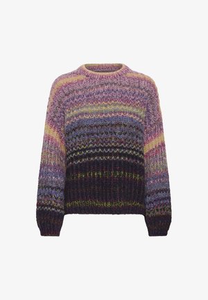 Stickad tröja med rund halsringning, med ett flerfärgat mönster i lila, gult och svart. Strukturerad tyg, lös passform, långa ärmar.