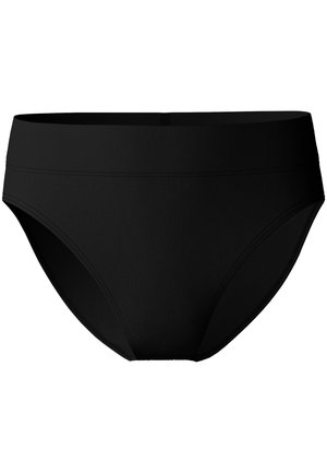 Black brief-style panties made from smooth fabric. Features a wide waistband and seamless edges for comfort. Simple, minimalist design.