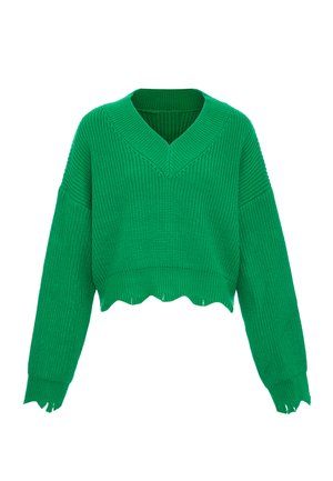 Grüner Pullover aus strukturierter Strickware. Mit tiefem V-Ausschnitt und cropped Länge, sowie gewelltem Saum und fransigen Ärmelenden.