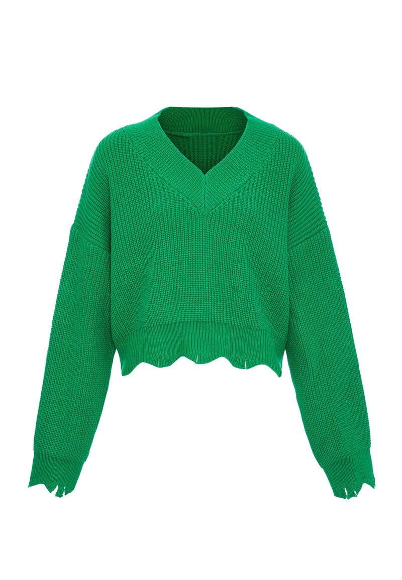 Pulover verde din tricot texturat. Prezintă un decolteu în V adânc și o lungime scurtă, cu margini ondulate și terminații franjurate la mâneci.