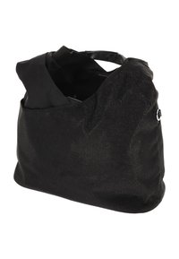 Sort taske med perforeret tekstur, blødt stof og et stilsikkert, åbent topdesign. Har én hank og en inderlomme.