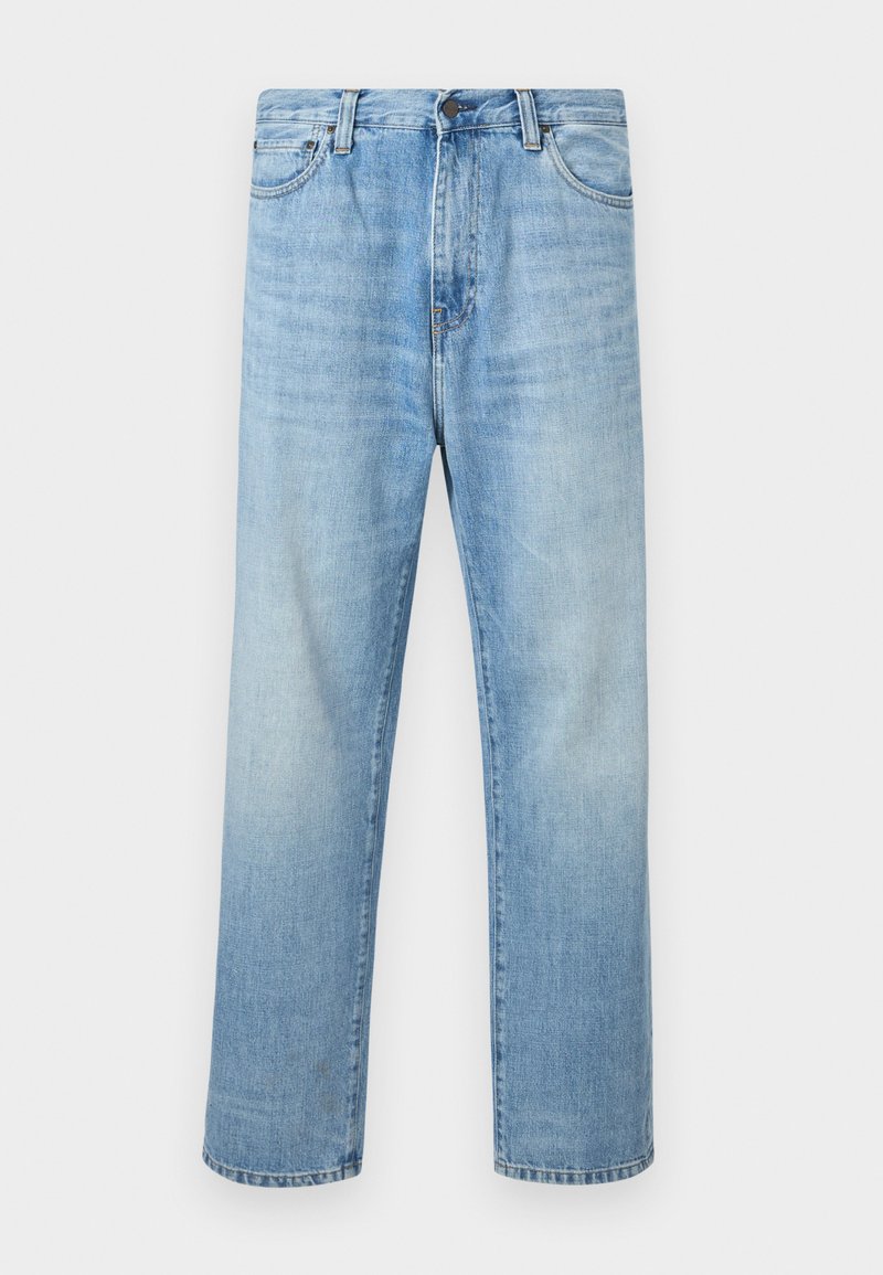 Light blue straight-leg denim jeans with front button and zipper closure, belt loops, and front pockets, displayed on white background.