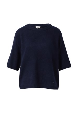 Pull en maille bleu marine avec un col rond, des manches courtes et un design ample. Fabriqué en matériau tricoté doux avec une petite étiquette logo au bas.