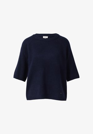 Tumesinine sviiter, millel on ümmargune kaelus, lühikesed varrukad ja lahtine disain. Valmistatud pehmest kudumisest, mille allääres on väike logotägi.