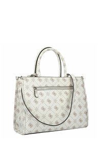 Witte handtas met beige monogram patroon, dubbele handvatten, voorvak met rits en afneembare schouderriem.