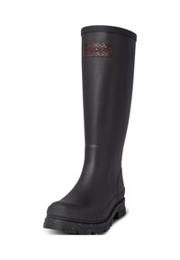 Botte de pluie haute en caoutchouc noir avec une semelle extérieure texturée et un accent en cuir marron sur le haut. Surface lisse, design robuste et étanche.
