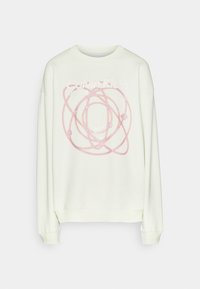 Sweat-shirt à manches longues blanc cassé avec un design atomique abstrait rose et le texte « Calvin Klein Jeans » sur le devant.