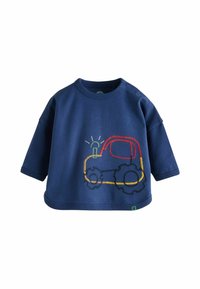 T-shirt en coton bleu marine avec un col rond et des manches courtes, ornée d'un design de voiture brodé multicolore sur le devant.
