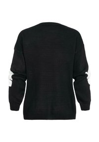 Pull en maille noire à coupe décontractée, doté de manches longues et de motifs abstraits blancs sur les coudes. Sans fermetures ni détails complémentaires.