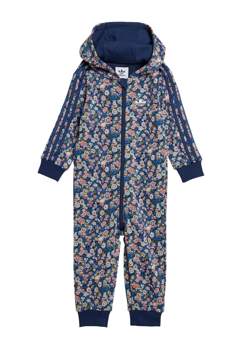 Blauwe onesie met bloemenpatroon, voorzien van een rits aan de voorkant, capuchon en drie gestreepte mouwen. Gemaakt van zachte stof met geribde manchetten en een sportief ontwerp.