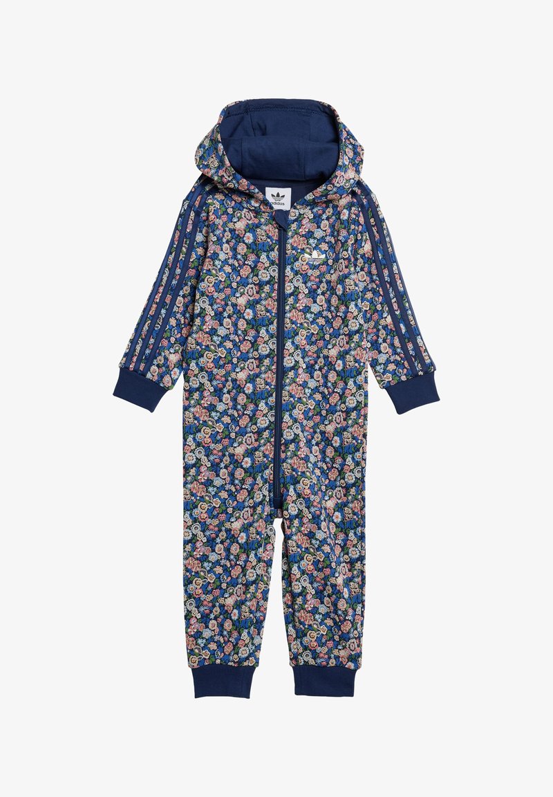 Blauwe onesie met bloemenpatroon, voorzien van een rits aan de voorkant, capuchon en drie gestreepte mouwen. Gemaakt van zachte stof met geribde manchetten en een sportief ontwerp.
