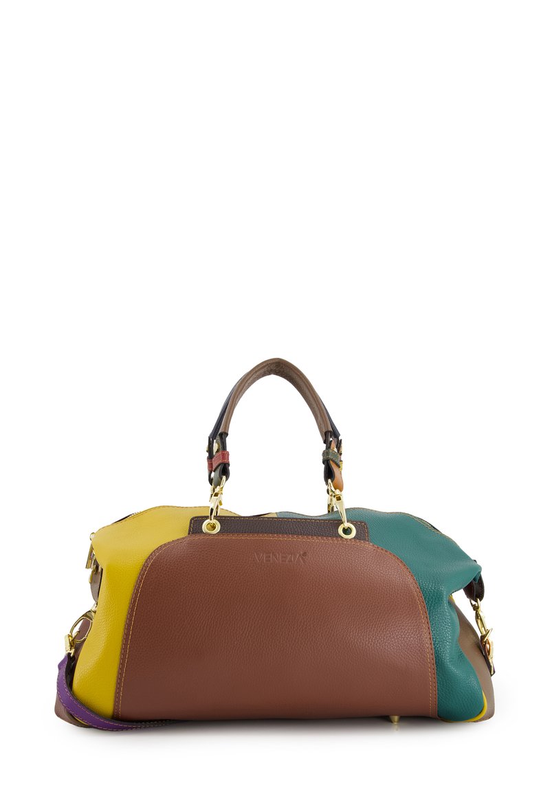 Multi-colored leather handbag featuring yellow, brown, green, and purple sections, with textured surfaces and gold-tone hardware accents.