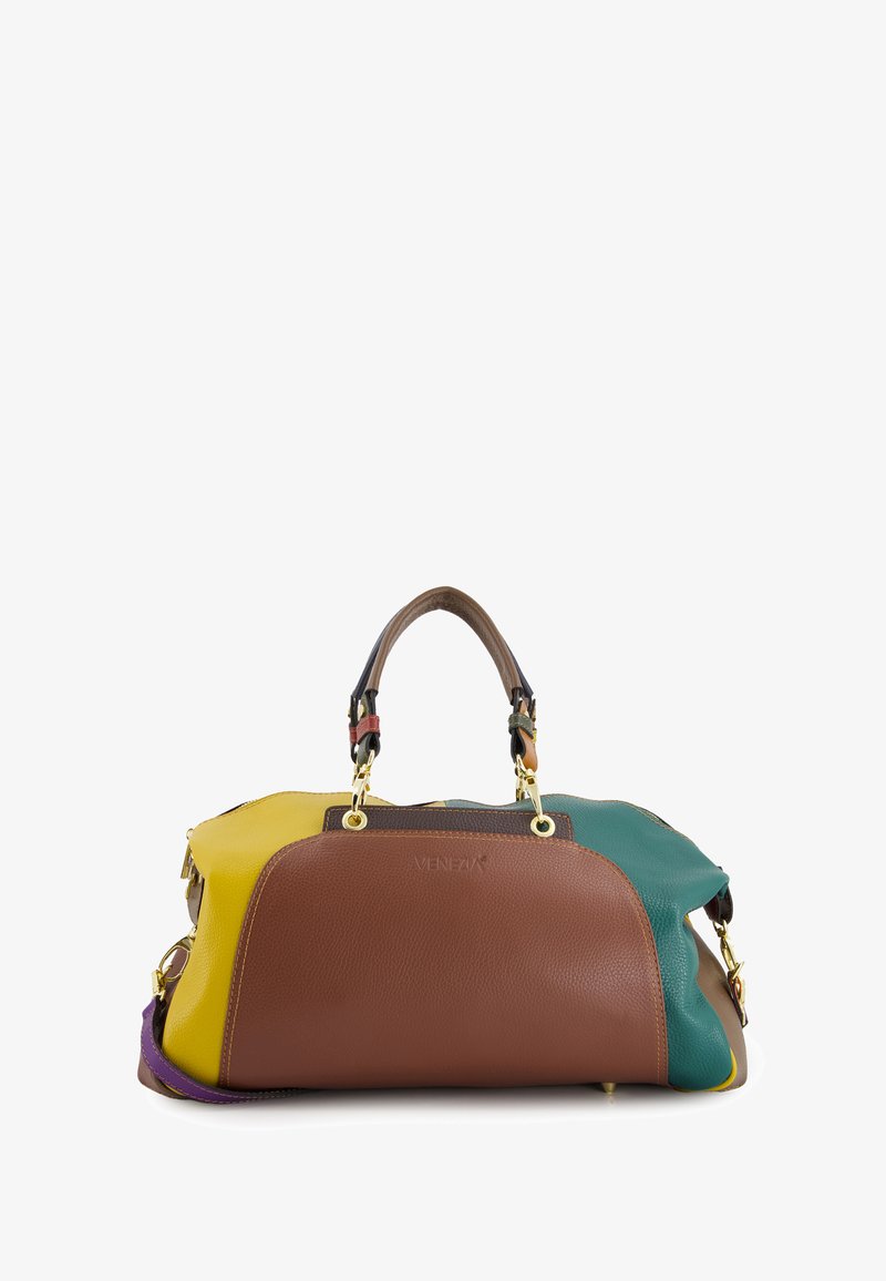 Multi-colored leather handbag featuring yellow, brown, green, and purple sections, with textured surfaces and gold-tone hardware accents.