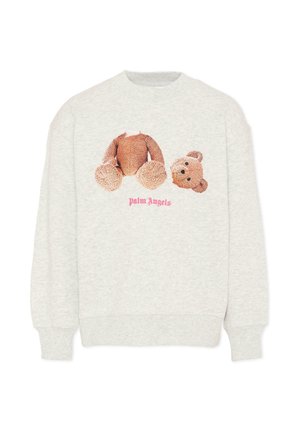 Lichtgrijze sweatshirt met een afbeelding van een teddybeer, waarbij het hoofd en het lichaam gescheiden zijn, boven de tekst "Palm Angels" in roze gotisch lettertype.