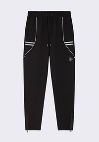 Pantalones jogger negros con cintura ajustable, acentos laterales blancos y puños con cremallera; hechos de un tejido suave y elástico.