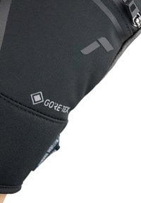 Sort, tekstureret stofhandske med et GORE-TEX-logo, med lynlåslukning og et slankt design for vejrbestandighed.