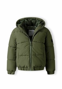 Giubbotto puffer verde con chiusura a zip, cappuccio e polsini elasticizzati. Presenta un spesso motivo trapuntato e due tasche frontali.