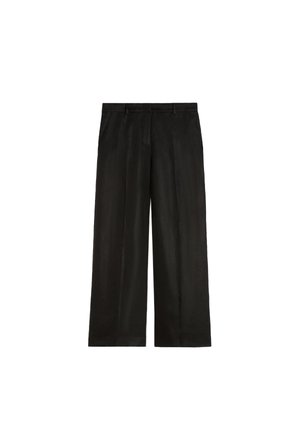 Pantaloni neri a gamba larga con passanti per cintura e tasche frontali, con davanti piatto e orlo dritto.