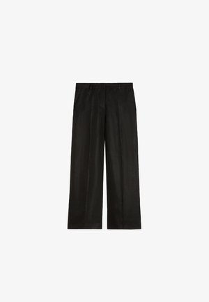 Pantaloni neri a gamba larga con passanti per cintura e tasche frontali, con davanti piatto e orlo dritto.