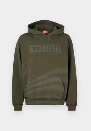 Hoodie vert olive en mélange de coton, doté d'une poche kangourou à l'avant et d'un logo "DIESEL" sérigraphié avec une finition mate subtile.
