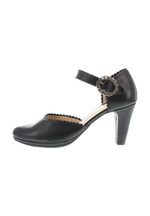 Black leather Mary Jane shoe with scalloped edges, a silver decorative buckle strap, and a mid-height conical heel.