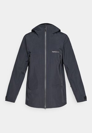 Tumehall veekindel kapuutsiga jakk, millel on täispikk tõmblukk, tõmblukuga küljetaskud ja "Peak Performance" logo rinnal.