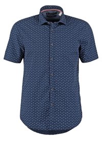 Camicia a maniche corte con bottoni di colore blu scuro, caratterizzata da un piccolo motivo geometrico bianco, colletto e orlo curvo.