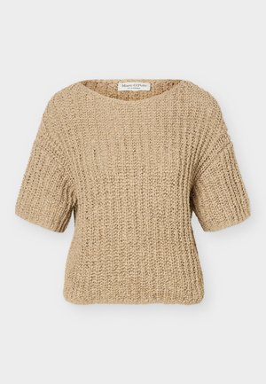 Maglione beige a maniche corte in maglia grossa con scollo rotondo e texture a coste, etichettato Marc O'Polo.