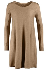 Abito beige lavorato a maglia con scollatura rotonda, maniche lunghe e vestibilità rilassata. Presenta polsini a coste e una texture morbida, che arriva a metà coscia.