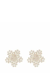 Krisstalla blomsterearrings med guldfärgad hårdvara; har klara, avlånga pärlor arrangerade i ett stjärnspetsmönster runt en central blomsterdetalj.