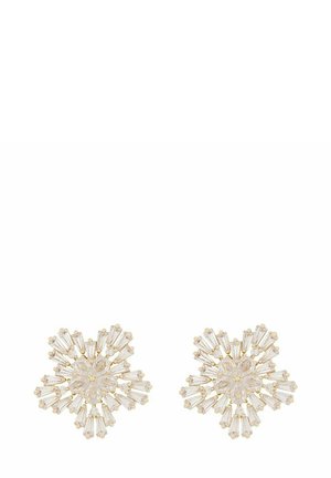 Crystal floral earrings with gold-tone hardware; features clear, elongated beads arranged in a starburst pattern around a central flower detail.