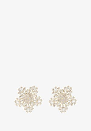 Crystal floral earrings with gold-tone hardware; features clear, elongated beads arranged in a starburst pattern around a central flower detail.