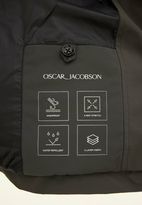 Etichetta delle caratteristiche della giacca nera antivento con icone: antivento, elasticità a 4 vie, idrorepellente, tessuto a 3 strati, logo "OSCAR JACOBSON."