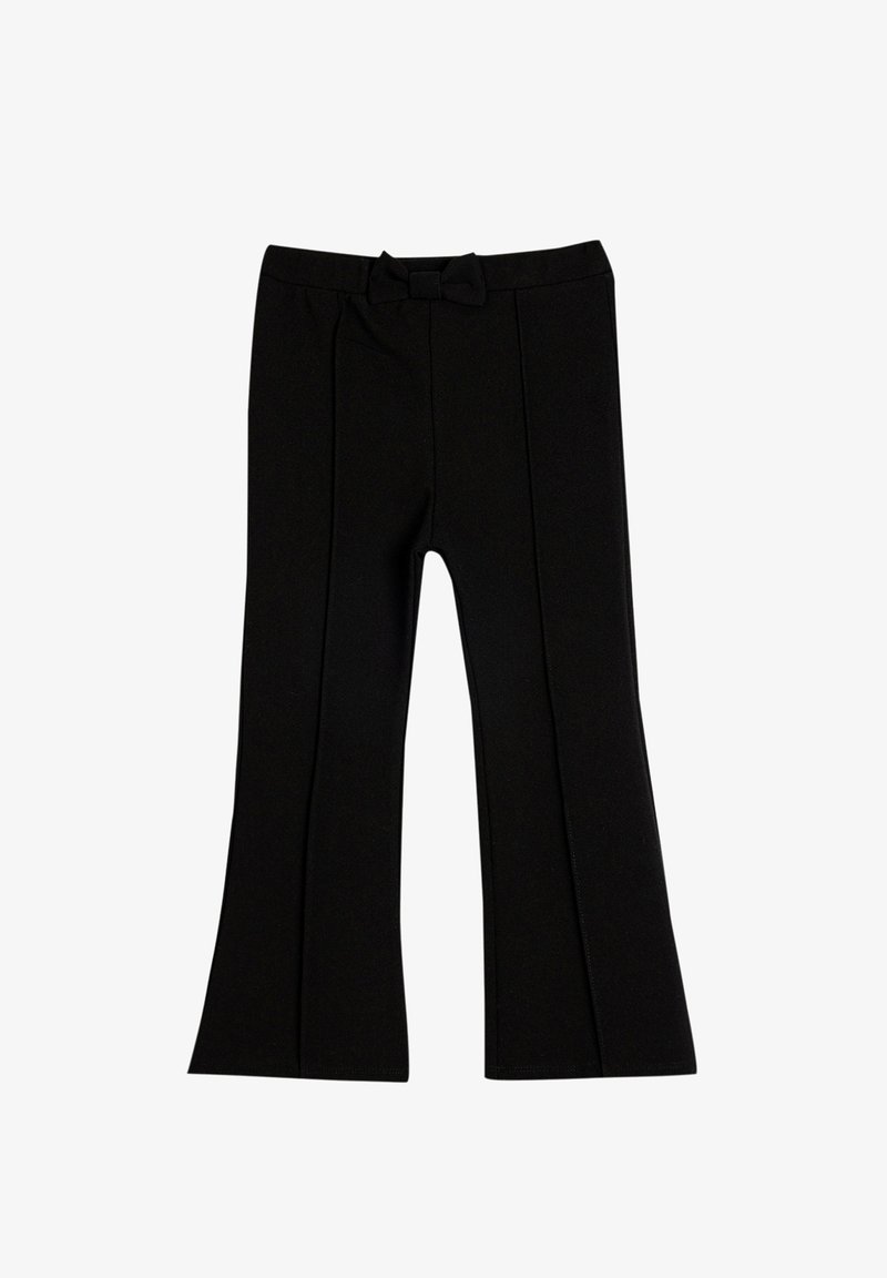 Sorte flagrende bukser lavet af strækbart materiale, med en taljehynde med en lille sløjfedetalje og frontfolder.