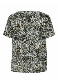 Blouse à manches courtes avec motif abstrait noir, blanc et marron, dotée d'un col rond et d'une petite ouverture au dos avec fermeture par bouton.