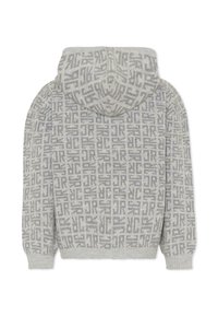 Felpa con cappuccio di colore grigio chiaro con un motivo a contrasto grigio scuro. Presenta orli e polsini a coste, con un design a maglia testurizzata su tutta la superficie.