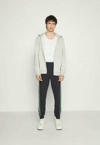 Moleton cinza com fecho, camiseta justa branca e calças de moletom azul-marinho com risca verde nas laterais, finalizadas com ténis brancos. Conjunto simples e casual.