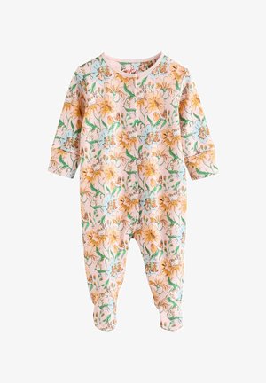 Bloemen baby romper in pastelroze met gele en blauwe geprinte bloemen, lange mouwen, drukknopen en voetjes. Zacht katoen materiaal.