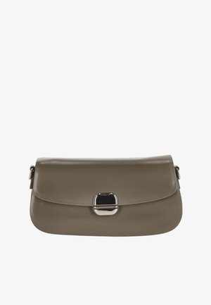 Beige faux leather clutch bag with a rounded shape, a flap closure, and a silver rectangular hardware accent on the front.
