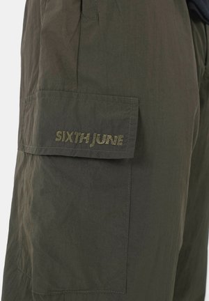 Olive green cargo shorts with a textured finish, featuring a side pocket and embroidered "SIXTH JUNE" logo in matching thread.