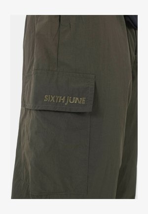 Olive green cargo shorts with a textured finish, featuring a side pocket and embroidered "SIXTH JUNE" logo in matching thread.