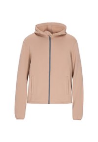 Lichtbeige capuchonjack gemaakt van zacht stof, met een voor zipper, zijzakken en elastische manchetten. Gladde textuur en minimaal design.