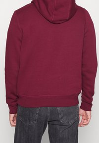 Felpa con cappuccio color bordeaux, dotata di cordino, polsini e orlo a coste, e una superficie liscia. Presenta un semplice dettaglio di cucitura e una vestibilità comoda.